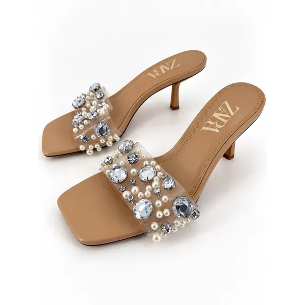 Zara Kitten Heel Women Size 39 Clear Pearl Embellished Wedding Glam Blogger Fave - Image 2