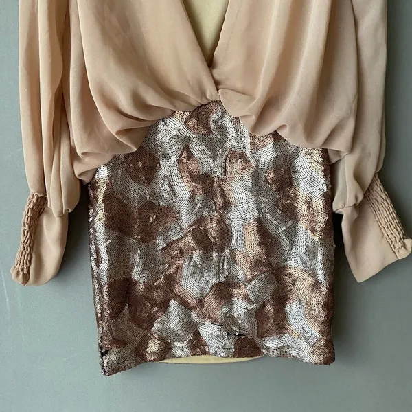 Love Culture Sequin‎ MobWife Y2K Party Glam Cowl Neck Mini Dress Small Tan Gold - Image 8
