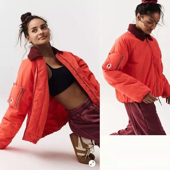 NWT New Free People Outpost Bomber Cherry Tomato Combo Jacket Size M - Image 2