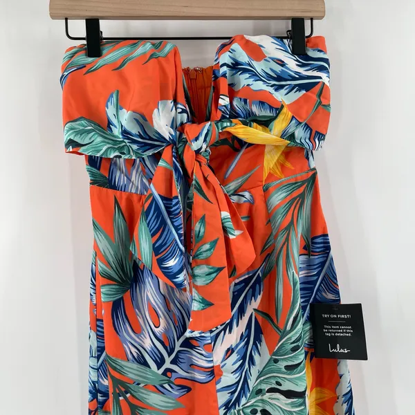 LULU'S Jumpsuit Extra Small Luxe Luau Orange Tropical Floral NWT Strapless Beach - Image 7