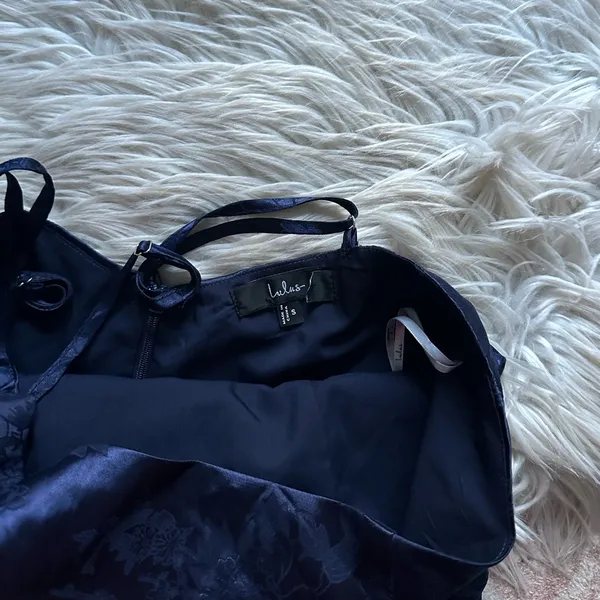 LULU’S Desirable Dream Navy Blue Satin Jacquard Halter Neck Midi Dress - Image 9