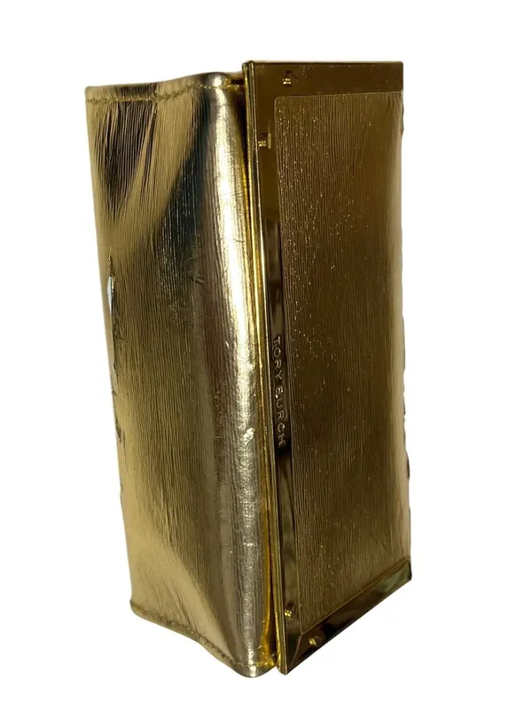 Tory Burch Gold Metallic Leather Cosmetic Case 7" X 3" Rectangular Design 2s - Image 12