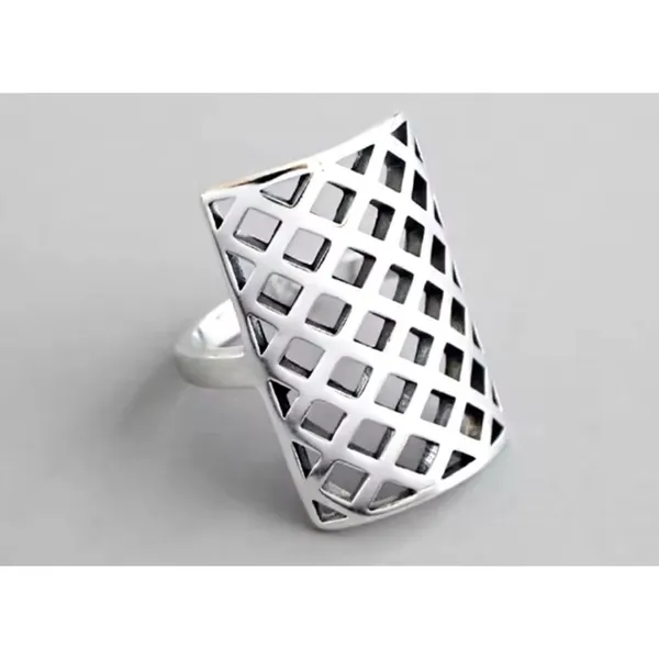 Solid Statement Ring White Gold Plated Sterling Adjustable‎ Lattice Wide Band - Image 8