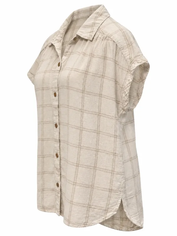 Women's Cream Plaid Button-Front Shirt - Lightweight Short Sleeve - Image 2