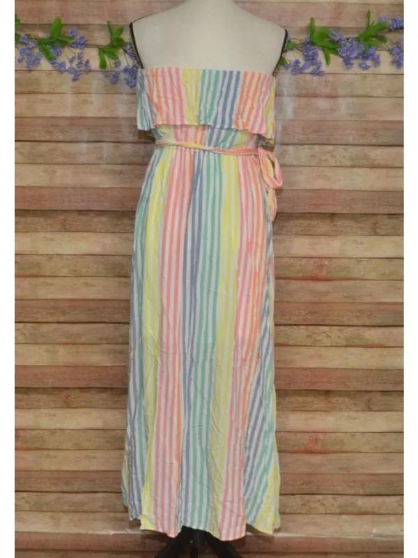 Emily Wonder Strapless Rainbow Stripe Ruffle Maxi Dress Size L Cruise Resort - Image 7