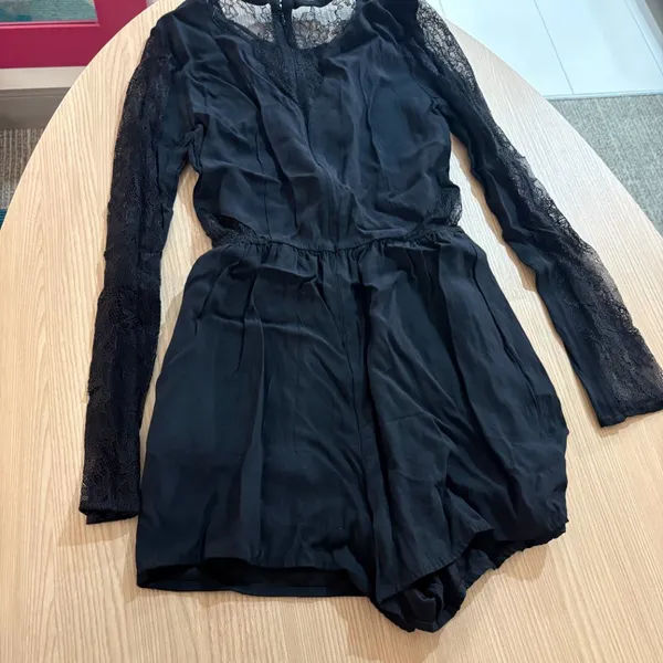 Abercrombie & Fitch Romper Size 00 Solid Black Lace Inlays Long Sleeve Viscose - Image 2