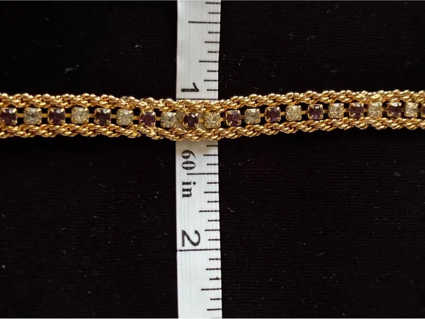 Vintage Mid-Century Gold Tone Purple & Clear Rhinestone Tennis Bracelet 7" - Image 5