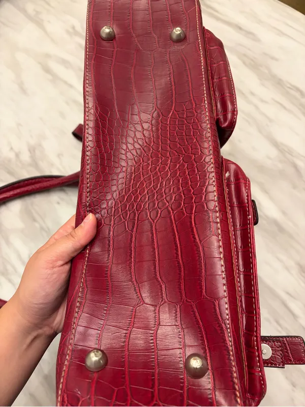 Red Croc Embossed Satchel Handbag 3 Buckle Pockets Structured Tote - Image 5