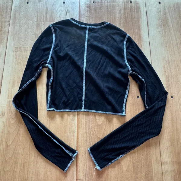 Garage Black Ribbed Contrast Stitch Crop Top‎ Long Sleeve Small P/S Edgy Y2K - Image 4