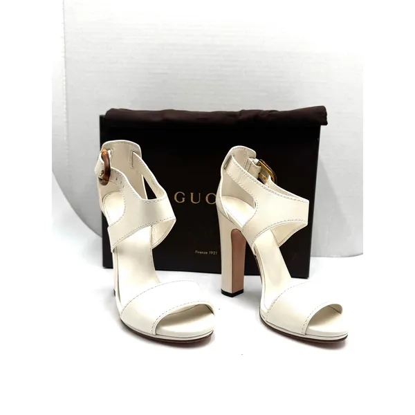 Gucci Lifford White Leather Bamboo Buckle Block Heel Sandals EU 38 - Image 4