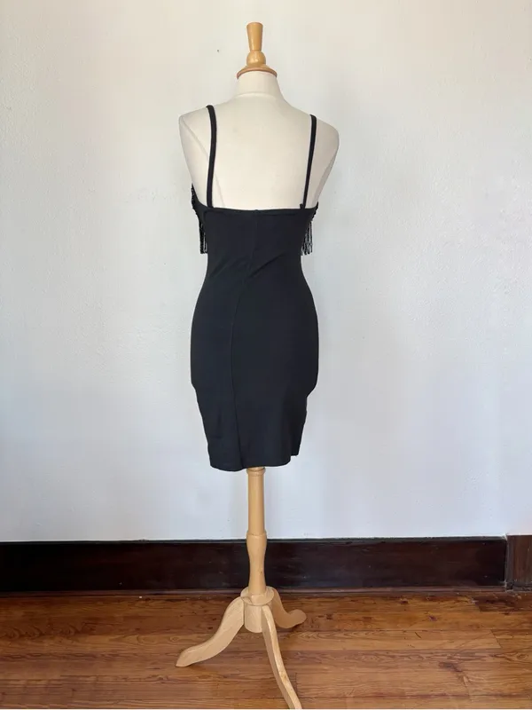 Vintage Black Beaded Fringe Mini Bodycon Dress - Image 4