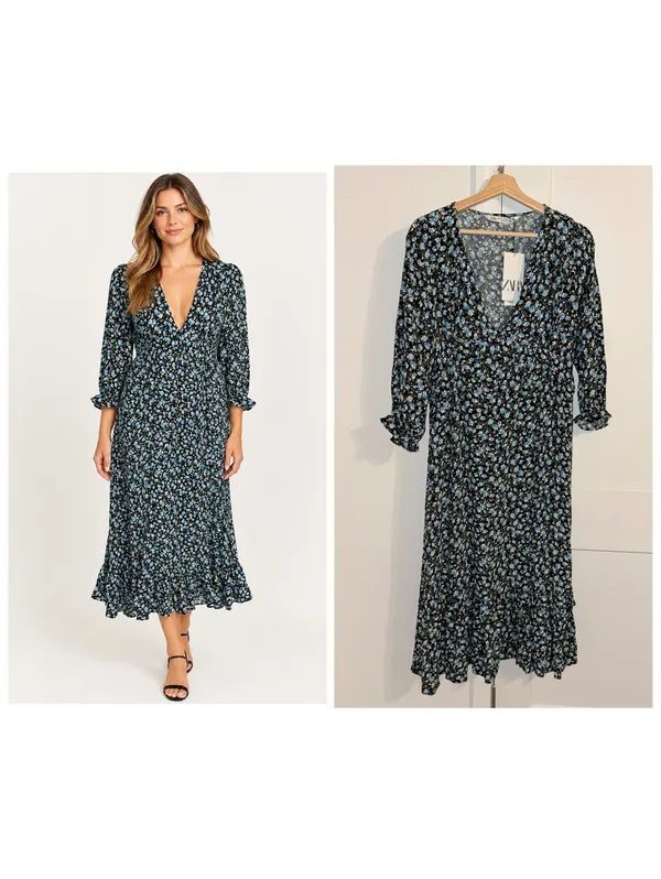 Zara NWT $70 Woman’s XL floral Ruffle hem midi dress flowered Open Neck - Image 2