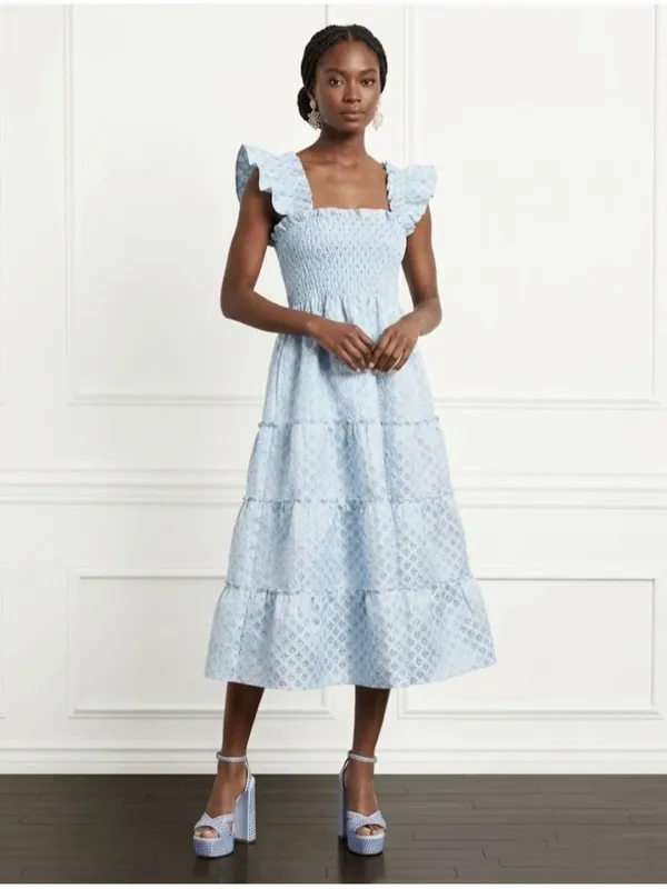 NWoT Hill House Ellie Nap Dress in Blue White Brocade Smocked Tiered Midi XS - Image 2