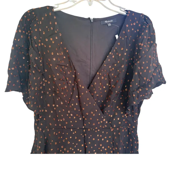 Madewell‎ Metallic Copper Clipdot Wrap Mini Dress Black Womens 12 NEW - Image 2