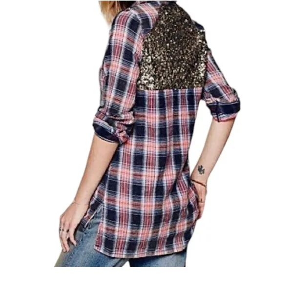 Free People Little Bit of Sugar plaid flannel sequin mesh panels TLS2 3585 - Image 2