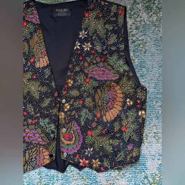 Vintage Match-Ups cotton batik beaded floral black boho vest, size large XL - Image 3