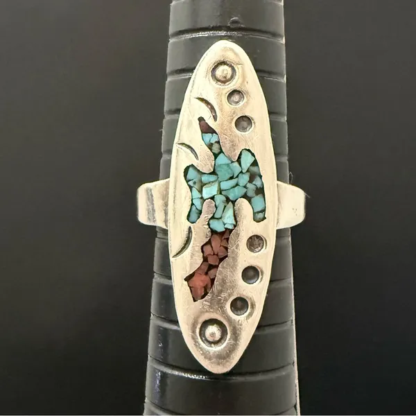 Vintage Sterling Silver Native American Turquoise Coral Chips Peyote Bird Ring 7 - Image 6