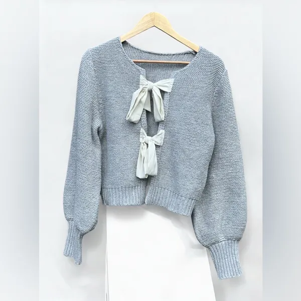 COMMENSE Crew Neck Bow Knit Top Gray Size M - Image 3