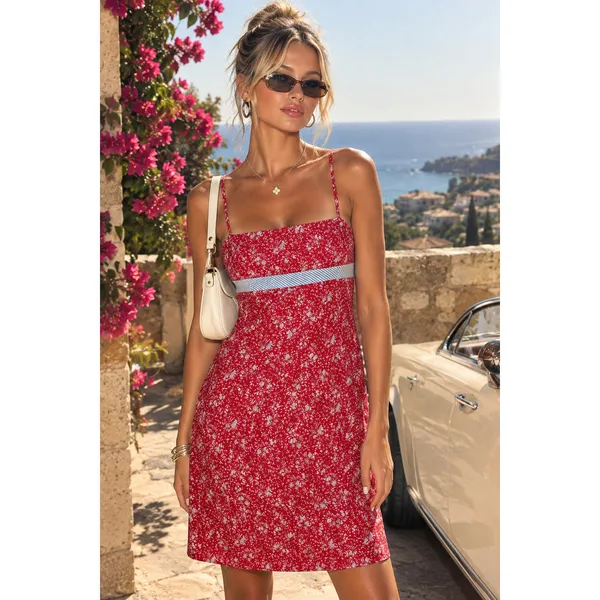 2/S red floral spaghetti-strap dress sundress mini vintage 90's Ann Taylor - Image 7