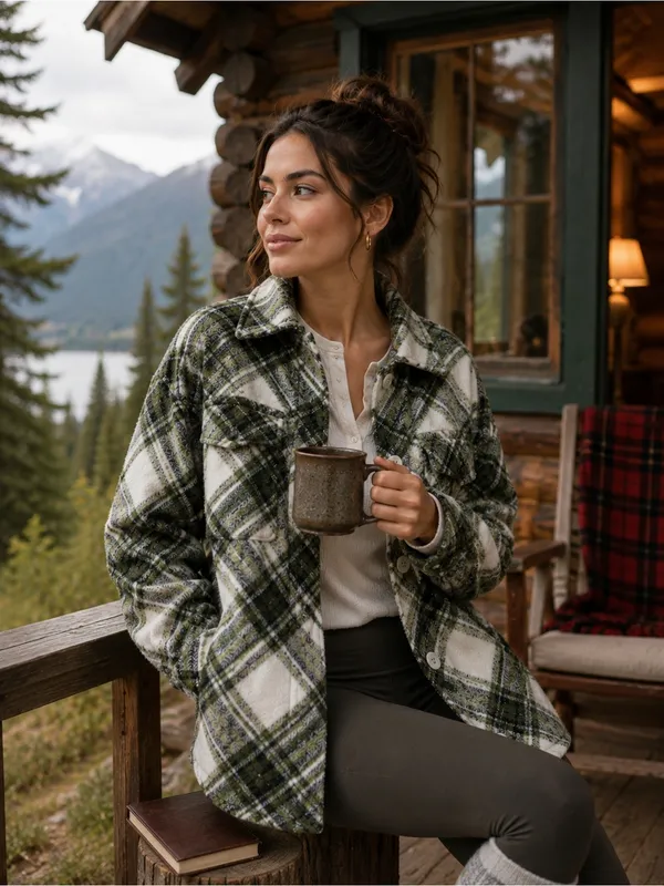 NEW Stradivarius Plaid Green Shacket Jacket Coat - Image 2