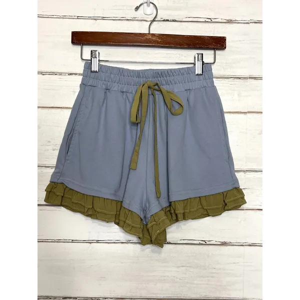 Blakely Blue Ruffle Lounge Set XS Embroidered Floral Sweatshirt Shorts Pockets - Image 9