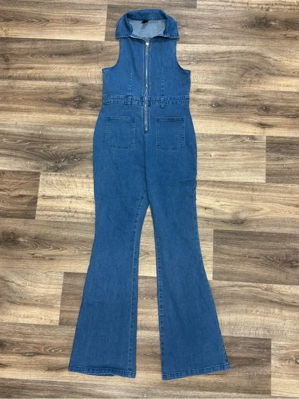 Cider Denim Collared Flare Leg Jumpsuit Women’s Medium - Image 2