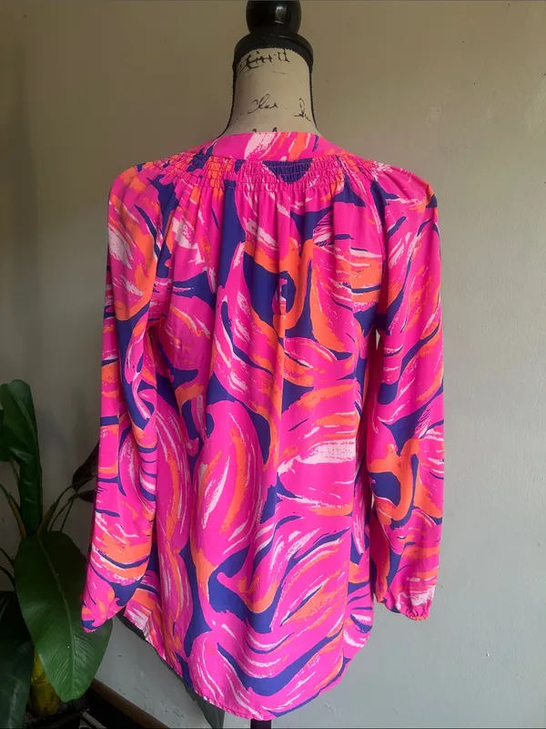 Lilly Pulitzer Elsa Plume Blume Flamingo Silk Long Sleeve Blouse Size Medium - Image 10