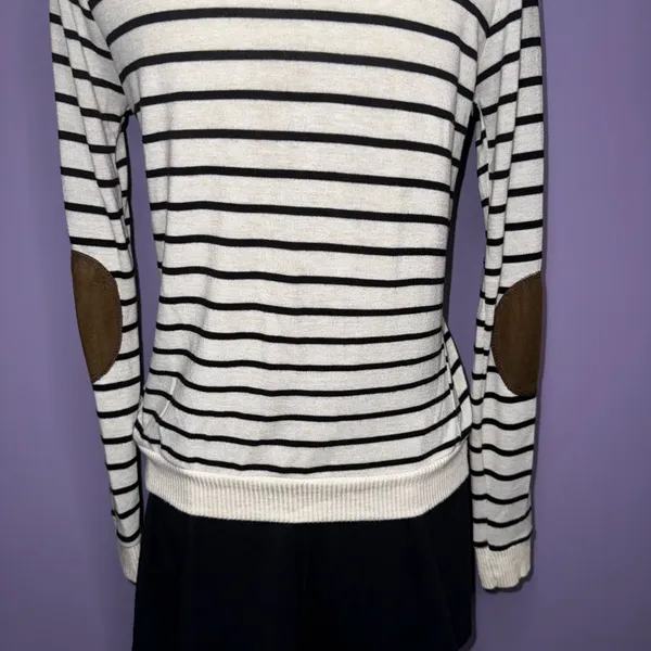 Poof! Striped Cream and Black Cardigan with Elbow Patches - Image 14
