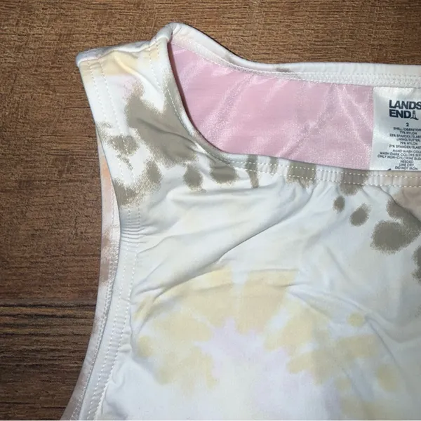 Lands' End Womens Chlorine Resistant High Neck Tankini Swim Top White Tie Dye - Image 5
