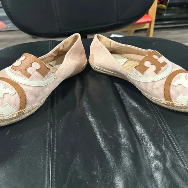 Tory Burch Blush Pink Canvas Espadrilles with Tan & Cream Logo - Image 8