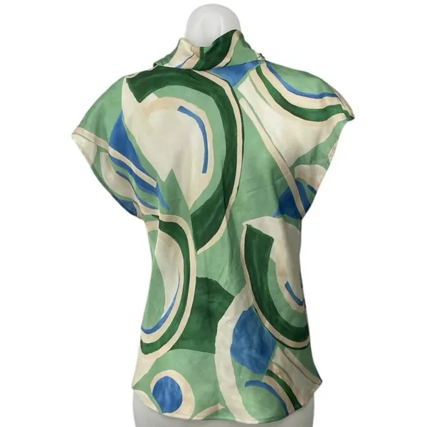 Zara Women's Green Geometric Abstract Cap Short Sleeve Cowl Blouse Top Size S - Image 4