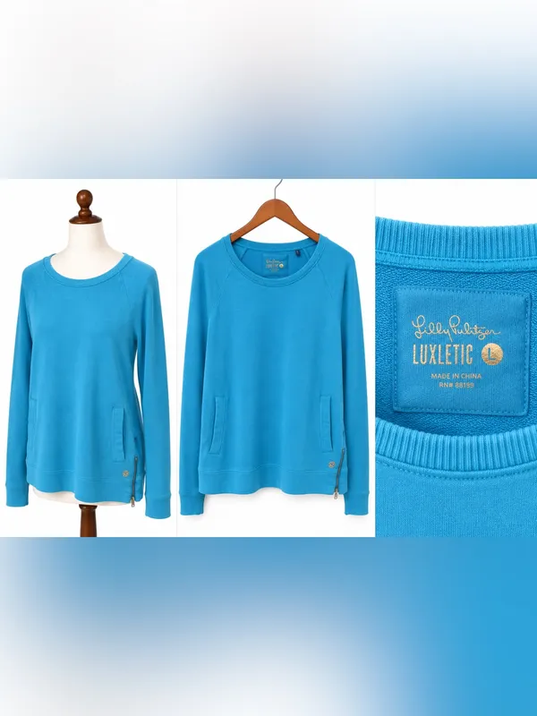 Lilly Pulitzer Luxletic Blue Pullover Sweatshirt Large Side Zip Pockets - Image 3