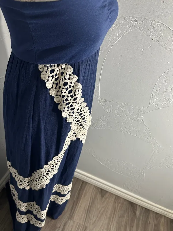 Judith March Navy Strapless Maxi Dress with Cream Lace - Image 3