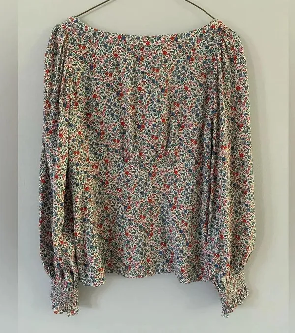 Loft Floral Funky Multi Color Blouse Long Sleeve Top Bell Bottom Sleeves Size S - Image 2