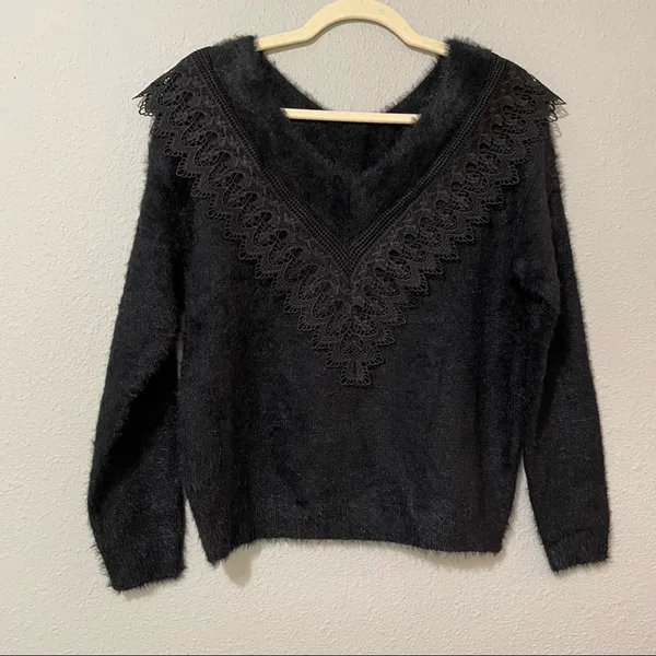 En Crème Black V Neck Lace Collar Fuzzy Sweater Womens S Whimsigoth Witchy - Image 6
