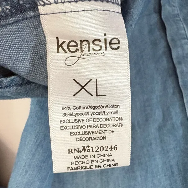 Kensie Jeans Blue Denim‎ Shirt Ruffle Mandarin Collar Long Sleeve Light Wash XL - Image 9