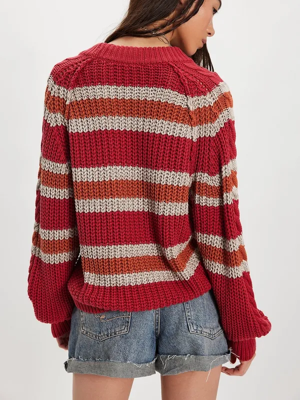 Free People Frankie Striped Cable Knit Sweater - Red Combo Stripes - Large - Image 2