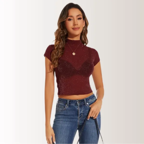 NWT Sparkly‎ Maroon See-Through Mock Neck Crop Tshirt Sz small - Image 3
