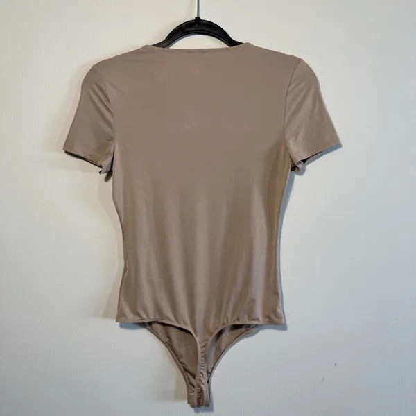 Express Tan Fitted Bodysuit Short Sleeve Crew Neck - Image 2