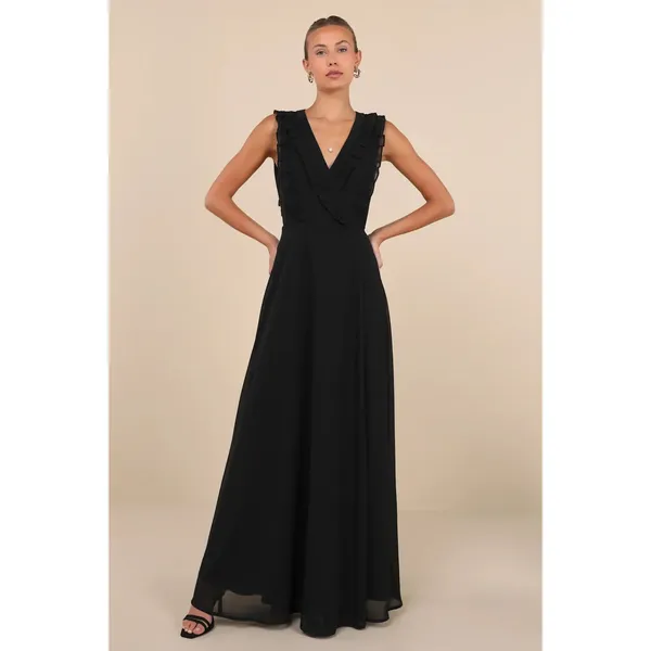 NWT Lulus Major‎ Elegance Black Sleeveless Ruffled Wrap Maxi Dress SZ SMALL - Image 2