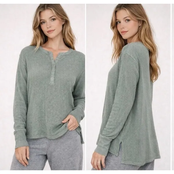 OFFLINE by Aerie Waffle Henley Top Large Sage‎ Green Cotton Thumbholes Oversized - Image 2