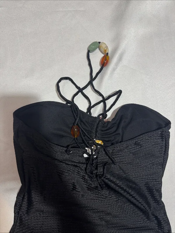 Strapless Black One-Piece Bodysuit with Beaded Halter Detail - Image 6