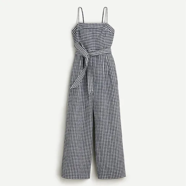 NWT J.Crew Tie-waist Linen Jumpsuit in Navy White Gingham Belted 1-Piece 4 - Image 5