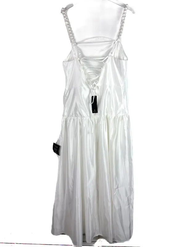 NWT Lulus Modern Adoration White Satin Backless Lace-Up Maxi Dress White Large L - Image 9