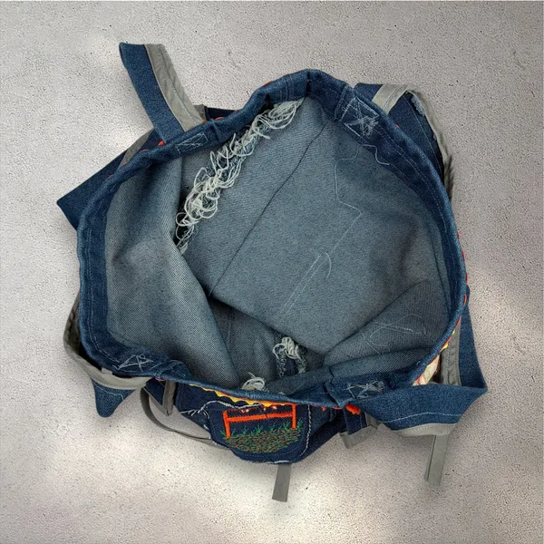 2000s Handmade Patchwork Denim Tote Bag Cottagecore Autumn Whimsy Thanksgiving - Image 4