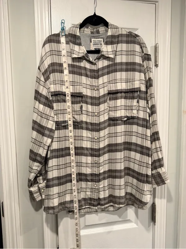 American Eagle Size XL Seriously Lived-In Gray Plaid Flannel Shirt Pearl Snap - Image 7