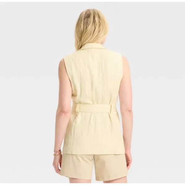 A‎ New Day Womens Sleeveless Blazer Vest Cream Yellow Belted Textured Large NEW - Image 2