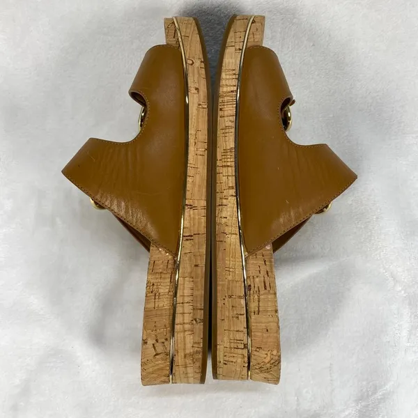 Michael Kors‎ Tan Leather Double Buckle Cork Platform Sandals Slides Sz 7-flaw - Image 11