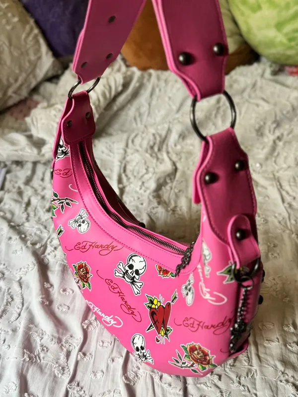 Ed Hardy Pink Floral & Skull Shoulder Bag - Image 6