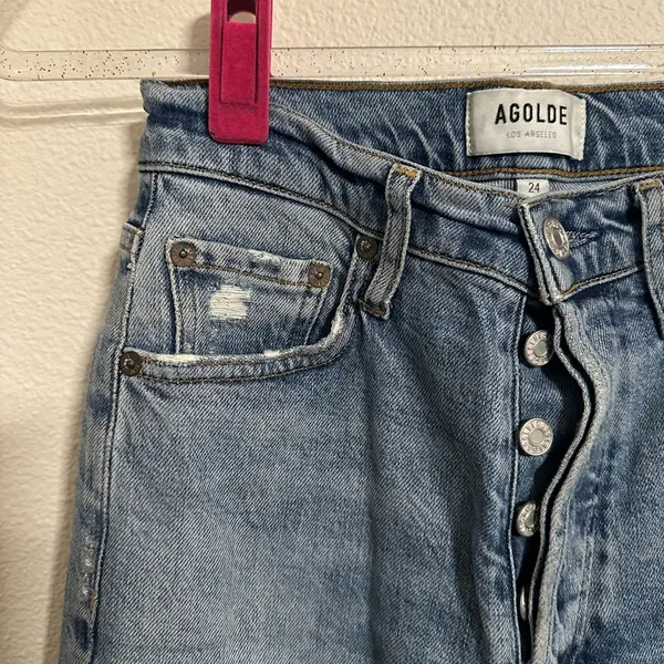 Agolde Nico High Rise Slim Jeans with Button Fly and Distressing - Image 2